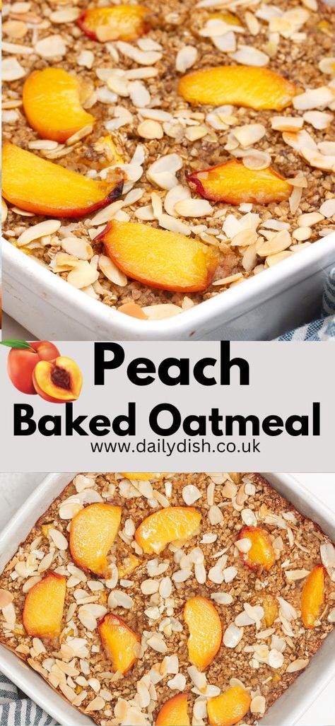 Vegan Peach Baked Oatmeal Peach Baked Oatmeal, Baked Oatmeal Recipes Healthy, Easy Breakfast Dishes, Peach Oatmeal, Egg Free Baking, Vegan Peach, Dairy Free Baking, Baked Oatmeal Cups, Baked Peach