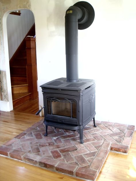 Alderlea T5 Woodstove Brick Herringbone | Horne's Point Homestead Brick Herringbone, Corner Wood Stove, Wood Stove Surround, Wood Stove Hearth, Wood Burning Stoves Living Room, Herringbone Brick, Design Fireplace, Brick Hearth, Learning To Dance