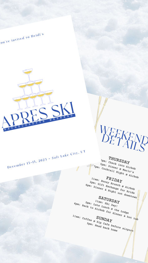 Apres Ski Wedding Theme, Apres Ski Invitation, Champagne On Ice Bachelorette, Apres Ski Bachelorette, Ski Bachelorette Party, Club Bachelorette Party, Ski Attire, Ski Bachelorette, Ice Skiing