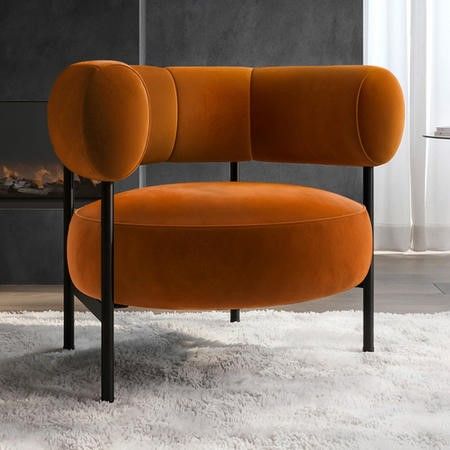 Buy Rust Velvet Curved Armchair - Romy from Furniture123 - the UK's leading online furniture and bed store Red Chair Living Room, Orange Armchair, Luxurious Living Room, Chairs Living Room, Red Furniture, Upholstery Armchair, Living Room Design Inspiration, Upholstered Armchair, Arm Design