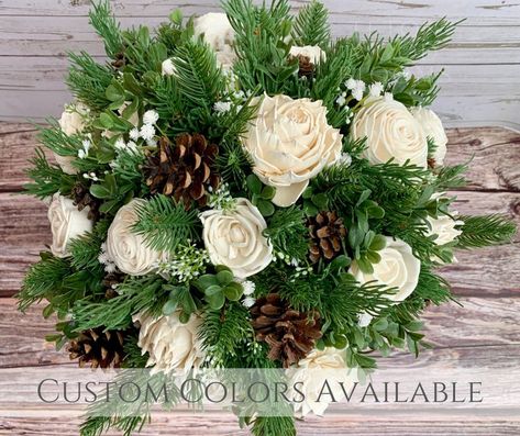 Wood Flower Pine and Ivory Wedding Bouquet / Rustic Wild | Etsy Navy Wedding Centerpieces, Wedding Bouquet Rustic, Ivory Wedding Bouquet, Pine Cone Wedding, Ivory Bouquet, Wood Roses, Ivory Bouquet Wedding, Winter Wedding Bouquet, Ivory Roses