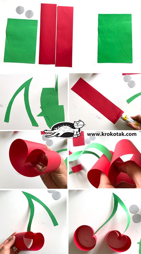 krokotak |  BIG PAPER CHERRY CRAFT Cherry Crafts For Kids, Cherry Crafts, Cherry Craft, Kindergarten Art Activities, Paper Fruit, Fruit Crafts, Bee Activities, Summer Art Projects, First Birthday Decorations