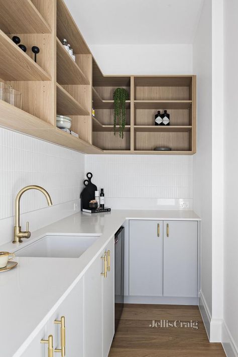 Round Kitchen Sink, Oak Shelving, Brass Kitchen Handles, Pantry Inspiration, Timber Shelves, Butler’s Pantry, Latest Bathroom, Pantry Shelving, Butlers Pantry