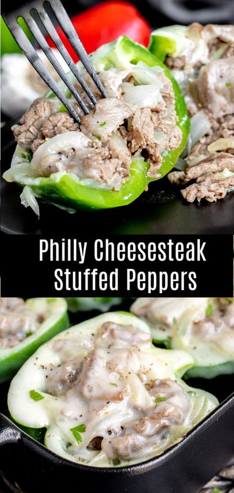 This low carb recipe for Philly Cheesesteak Stuffed Peppers is packed full of thinly sliced steak and onions, stuffed into green bell peppers, and topped with melted provolone cheese. It is a low carb, keto dinner recipe that can be made ahead of time and stored in the freezer. Perfect for low carb meal prep! #stuffedpeppers #steak #beef #easydinnerrecipes #cheesesteak #lowcarb #keto #lowcarbrecipes #ketorecipes #homemadeinterest Low Carb Shaved Steak Recipes, Philly Recipes, Philly Cheesesteak Stuffed Peppers, Cheesesteak Stuffed Peppers, Cena Keto, Low Carb Meal Prep, Philly Cheese, Cheese Steak, Low Carb Recipe