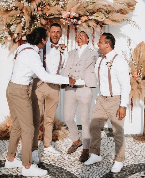 Boho Mens Wedding Suit, Groomsmen Outfit Ideas Rustic, Rustic Wedding Outfit For Men, Beige Wedding Theme Groomsmen, Boho Beach Wedding Mens Attire, Khaki Mens Wedding Attire, Boho Tuxedo Wedding, Tan Tux Wedding Color Combos, Terracotta Wedding Party Groomsmen