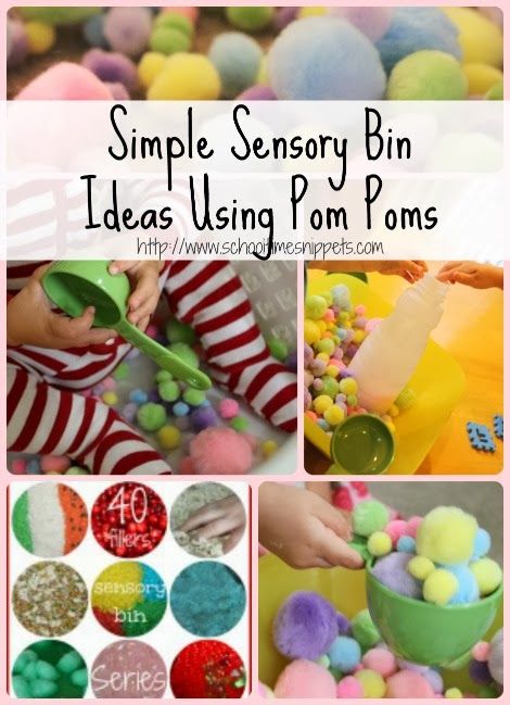 School Time Snippets: Sensory Bin Ideas Using Pom Poms {40 Days of Sensory Bin Fillers} Sensory Bin Fillers, Sensory Bin Ideas, Toddler Sensory Bins, Sensory Tubs, Sensory Crafts, Sensory Boxes, Sensory Table, Early Intervention, Kids Sensory