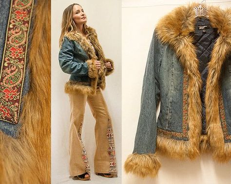 Fur Denim Jacket Outfits, Boho Jean Jacket, Fur Jacket Outfit, Fur Jean Jacket, 70s Jacket, 70s Denim, Denim Jacket With Fur, Penny Lane Coat, Jean Jacket Outfits