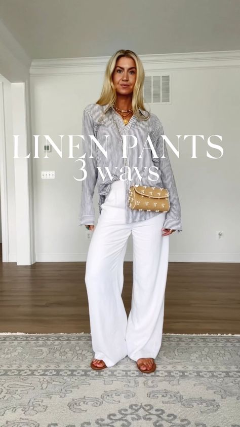 Linen pants three ways: 1) with a striped button-up, 2) with a taupe tee, 3) with a white boatneck bodysuit Cuffed Linen Pants Outfit, Linen Pants With Button Down Shirt, Linen Flare Pants Outfit, Straight Leg Linen Pants Outfit, Long Linen Pants Outfit, Patterned Linen Pants Outfit, White Linen Pant Outfits, Taupe Linen Pants Outfit, Cream Linen Pants Outfit Summer