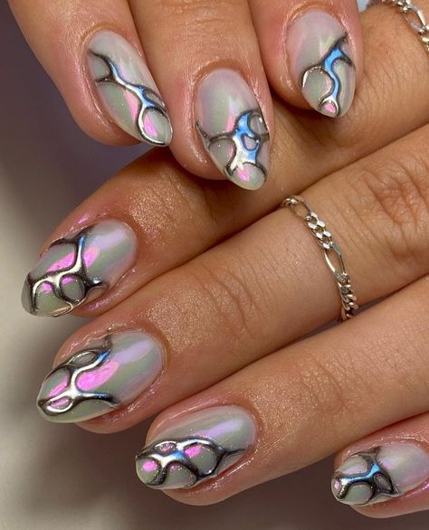 Jewel Nail Designs, Gel Chrome Nails, Nail Design Glitter, Aurora Nails, Chrome Nail Art, Chrome Nails Designs, Airbrush Nails, Nail Art Gel, Nail Jewels