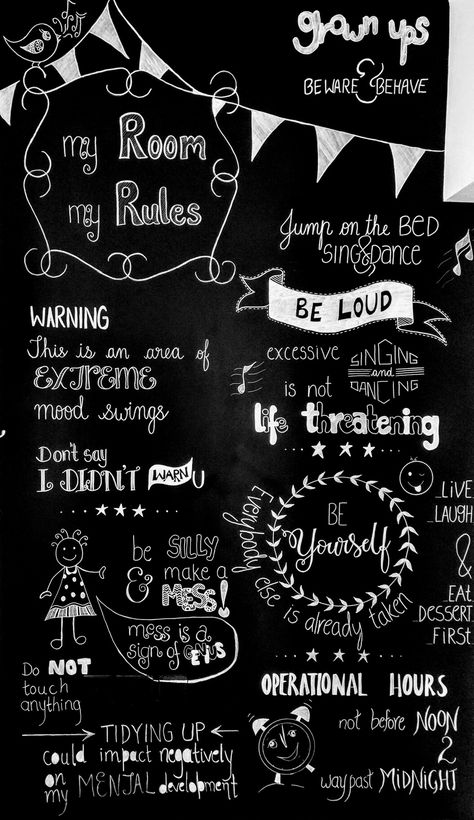 A doodled chalk board wall art for the kids room Chalk Board Ideas For Girls Room, Cute Chalkboard Ideas, Weekly Chalkboard, Chalkboard Sayings, Chalk Wall Art, Chalkboard Art Quotes, Blackboard Drawing, Window Writing, Chalk Wall