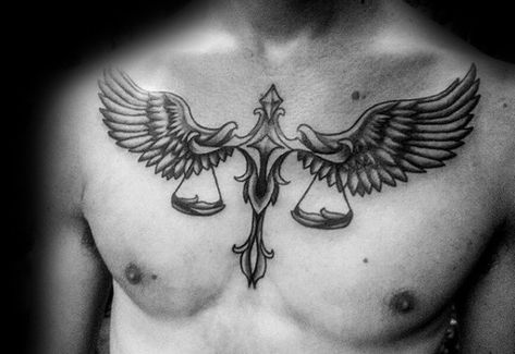 Men’s Libra Tattoo, Libra Chest Tattoo, Scale Tattoos, Libra Tattoos, Chest Tattoos For Men, Horoscope Tattoo, Libra Zodiac Tattoos, Justice Tattoo, Chest Tattoo Ideas