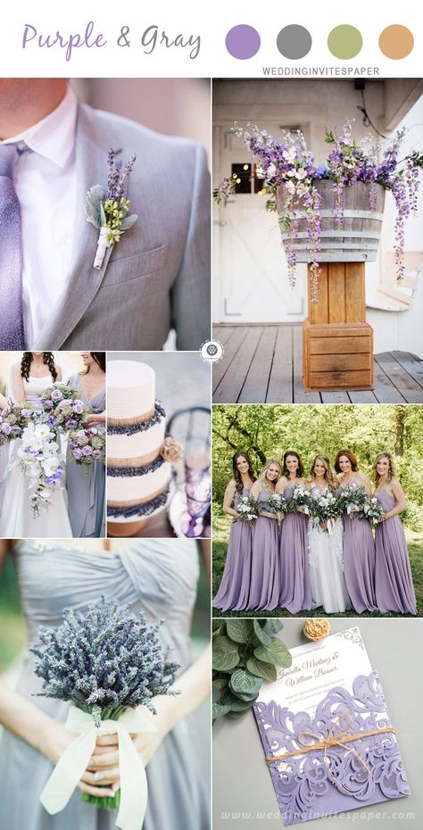 Purple And Gray Wedding, Spring Reception, Lilac Wedding Themes, Lavender Wedding Theme, Rustic Glam Wedding, Rustic Wedding Ideas, Wedding Color Scheme, Purple Wedding Theme, Elegant Weddings