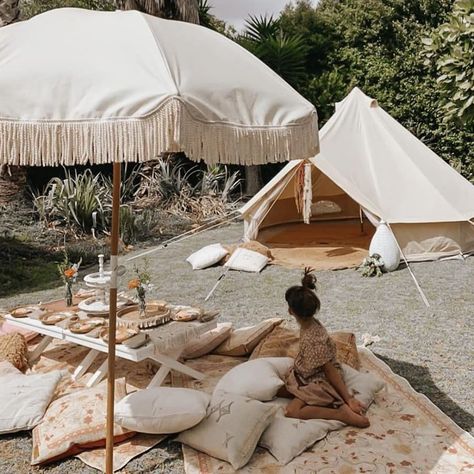 Boho Glamping Tent, Boho Bell Tent Decor, Tented Camp Luxury, Beach Tent Aesthetic, Boho Bell Tent, Tent Living, Boho Outdoor, Geodesic Dome Homes, Children Park