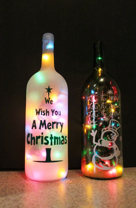 Our unique lighted wine bottles make a beautiful accent to any room, business, or office. Lighted wine bottles can be made for any holiday, special occasion or theme. Lighted Bottles, Wine Bottle Crafts Christmas, Bottle Projects, Bottle Ideas, Christmas Wine Bottles, Wine Craft, Bottle Decor, Kitchen Surfaces, Wine Bottle Art