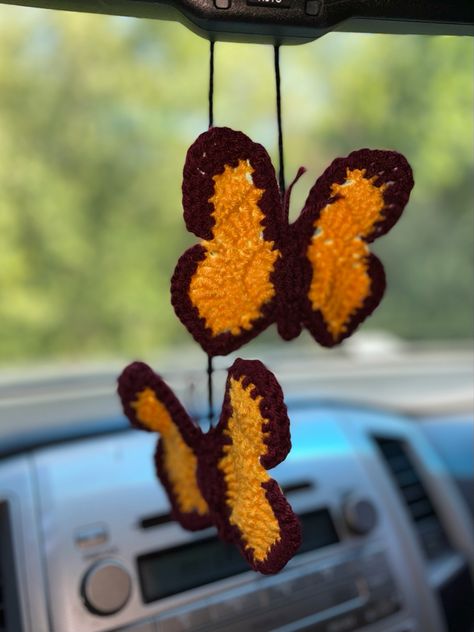 Hanging butterfly car accessories Crochet Car Hanging, Car Accessories Crochet, Crochet Car Accessories, Hanging Butterfly, Car Mirror Decorations, Car Mirror Hangers, Two Butterflies, Crochet Store, Study Apps