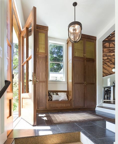 Sunken mudroom features iron and glass lantern illuminating floor to ceiling built-in cabinets ... Bayer Built Interior Doors, Sunken Entryway, Transitional Entry, Beamed Ceilings, San Francisco Interiors, Doors Exterior, Jute Runner, Door Inspiration, Mill Valley