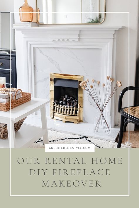 Our Rental Home DIY Fireplace Makeover - An Edited Lifestyle Renter Friendly Fireplace Mantle, Contact Paper On Fireplace, Fireplace Makeover Rental, Rental Friendly Fireplace, Rental Fireplace Makeover, Contact Paper Fireplace, Renter Friendly Fireplace Makeover, Rental Living Room, Renters Diy