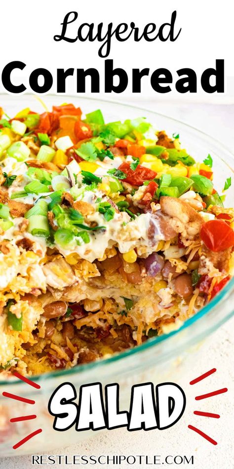 Southern cornbread salad is an easy, make-ahead side dish that's full of layers of colorful vegetables, cornbread, cheese, bacon, and a creamy Ranch dressing. Cornbread Cheese, Broccoli Kugel, Mexican Cornbread Salad, Layered Cornbread Salad, Cornbread Salad Recipe, Potluck Salads, Southern Cornbread Salad, Brunch Salad, Restless Chipotle