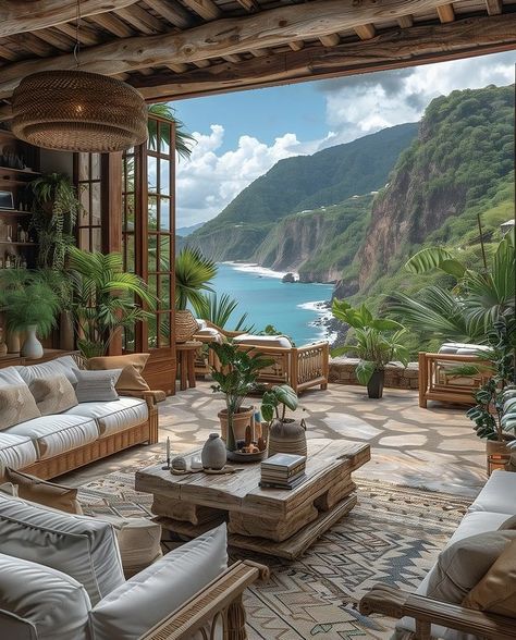 St. Lucia Caribbean Living Room, Bungalow Beach House, Cuban Architecture, Beach Home Interiors, Boho Beach House, Hacienda Homes, Double House, Tropical Beach Houses, Hacienda Style Homes