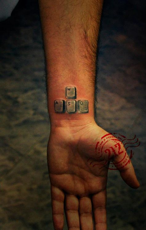 Gaming keyboard tattoo Keyboard Tattoo, Wasd Keyboard, Tattoos Bear, Gamer Tattoos, Bear Wall Art, Gaming Tattoo, Sleeves Ideas, Wrist Tattoo, Gaming Keyboard