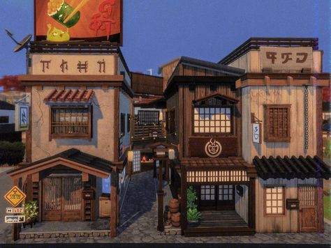 Sims 4 Chinatown, Bloxburg Japanese Town Layout, Sims 4 Korean House, Japan Bloxburg, Sims Neighborhood, Sims 4 Japanese House, Sims Apartment, Bloxburg Town, Japanese Hot Springs