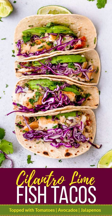 These easy Cilantro Lime Fish Tacos are made with flaky white fish, tomatoes, jalapeños, cilantro and lime topped with avocado. I like it spicy, so I chop up the jalapeños whole, seeds and all but you can tone it down to suit your taste. The avocado raises the fat in this dish, but it’s all good healthy fats. Any flaky white fish would be great such as flounder, sole or tilapia. #fishtacos #tacosrecipe #mexicanrecipe #mexicandish Cilantro Lime Fish, Fish Tacos Tilapia, Tilapia Tacos, Fish Recipes Baked, Fish Tacos Recipe, Tilapia Recipes, Easy Fish Recipes, Fish Recipes Healthy, Tuna Recipes