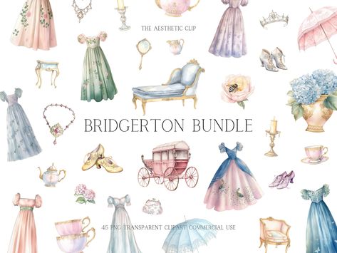 Rococo Dresses, Bridgerton Decor, Bridgerton Stickers, Bridgerton Art, Bridgerton Fashion, Treasure Books, Tea Clipart, Tea Png, Pastel Cottagecore