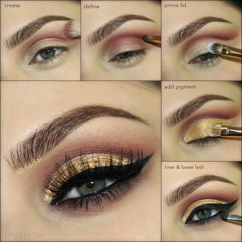 Love the gold Black And Gold Eyeshadow, Gold Eyeshadow Tutorial, Cranberry Eyeshadow, Gold Eyeshadow Looks, Gold Eye Makeup Tutorial, Fall Eyeshadow Looks, Pink Eyeshadow Look, Eyeshadow For Blue Eyes, Gold Eye Makeup