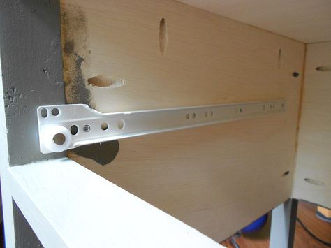 How to Install Drawer Slides 11 Install Drawer Slides, Installing Drawer Slides, Dresser Drawer Slides, Building Drawers, Step Shelves, Drawer Tracks, Diy Slides, Old Kitchen Cabinets, Article Furniture