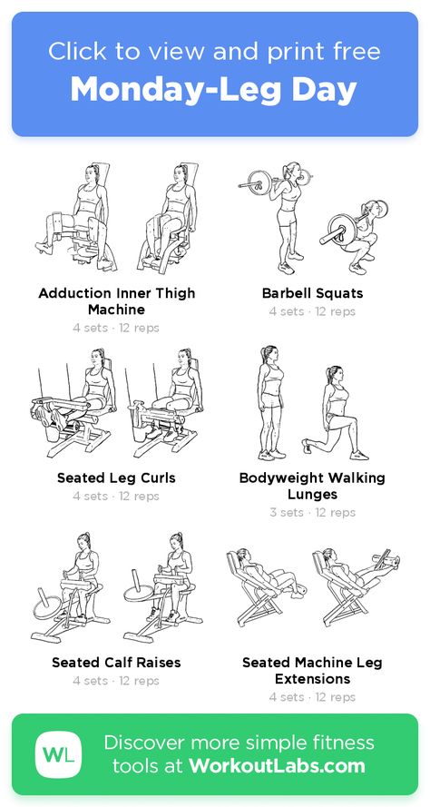 Monday-Leg Day – click to view and print this illustrated exercise plan created with #WorkoutLabsFit Womens Leg Day Workout Gym, Gym Workout Plan For Women Leg Day, Leg Day Excersises, Monday Leg Day Workout, Planet Fitness Leg Day Workout, Leg Day Women, Workoutlabs Fit, Legs Exercise, Chest Workout Women