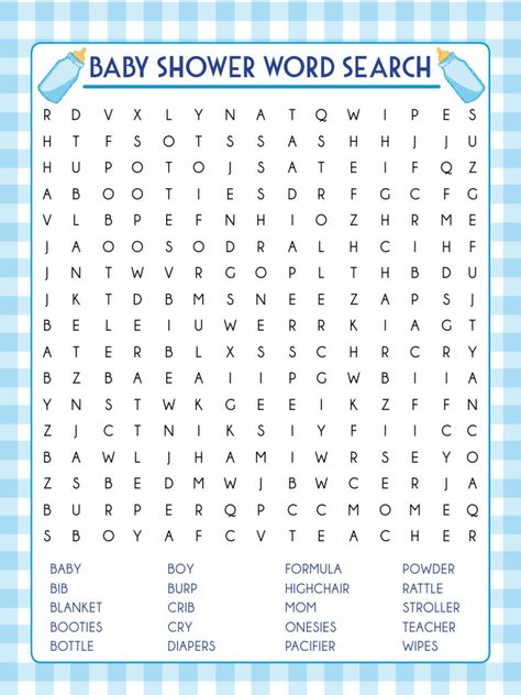 This document contains a baby shower word search puzzle containing words related to babies and items for baby showers. The word search includes 15 hidden words among random letters that are common gifts or things needed for a new baby such as baby, bottle, diapers, crib, and wipes. Players try to find and identify all the hidden baby-related words in the word search. Baby Shower Word Search, Random Letters, Free Printable Word Searches, Baby Shower Wording, Hidden Words, Baby Bottle, Life Stages, Document Sharing, Shower Games