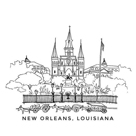 New Orleans Sketch Art, New Orleans Doodles, New Orleans Svg, New Orleans Sketch, New Orleans Drawing, Tattoo Bible, Nola Art, Travel Journal Prompts, Louisiana Christmas