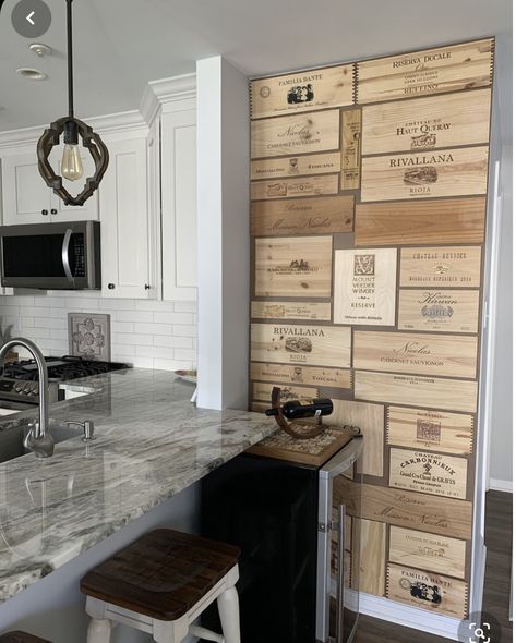 Wine Box Wall Decor, Wine Accent Wall, Wine Crates Ideas Decor, Wine Boxes Ideas Projects, Liquor Closet, Wine Crate Crafts, Wine Crate Wall, Wine Crate Paneling, Wine Box Wall