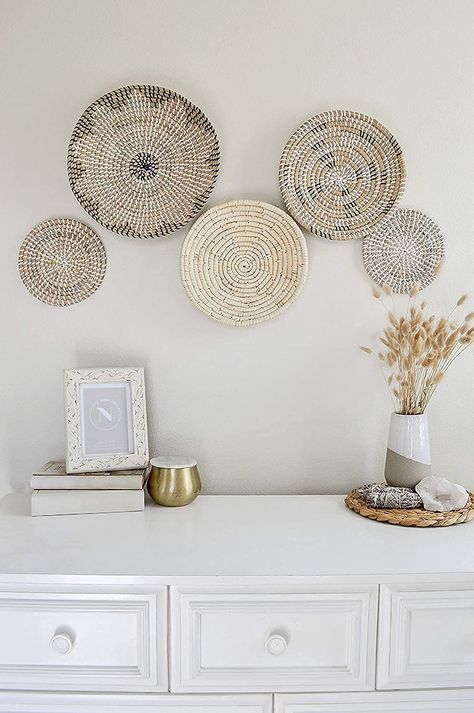 Flat Baskets Wall Decor, Wall Basket Decor Living Room, Boho Wall Basket Decor, Woven Basket Decor, All Natural Home, Woven Basket Wall Decor, Wicker Wall Baskets, Rattan Wall Decor, Wall Basket Decor