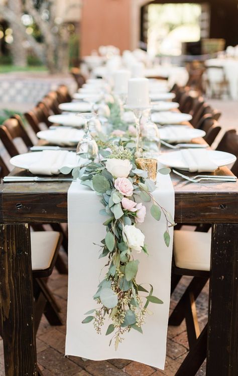 A green and blush pink table setting | Cassie And Roberts Romantic Rustic Wedding | Kennedy Blue Wedding Table Pink, Pink Table Settings, Floral Table Setting, Romantic Rustic Wedding, Romantic Table, Pink Table, Wedding Table Decorations, Long Table, Wedding Table Centerpieces