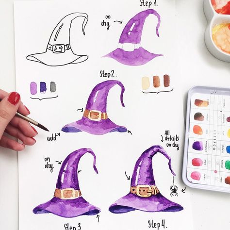 Autumn Challenge, Witch Drawing, Pan Pastels, Step By Step Watercolor, Learn Watercolor, Watercolor Paintings Easy, Fall Watercolor, Halloween Illustration, Halloween Painting