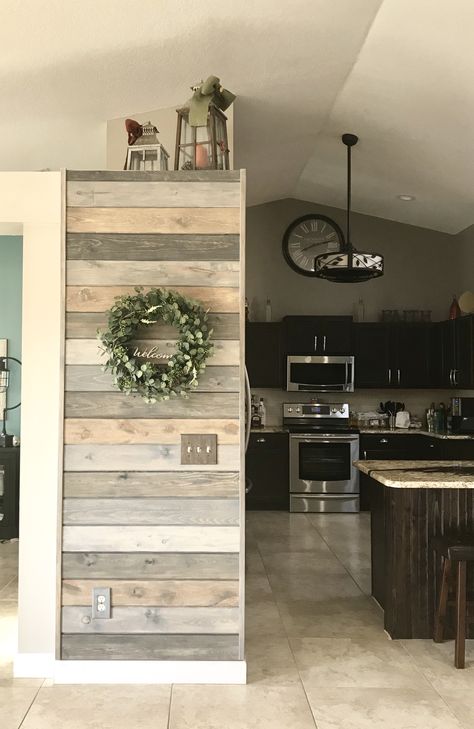 Grey Shiplap Wall, Kitchen Accent Wall, Wood Plank Wall, Building A Wooden House, Farmhouse Decorating Ideas, Mobile Home Renovations, Industrial Farmhouse Decor, Little Farmhouse, Shiplap Wall Diy