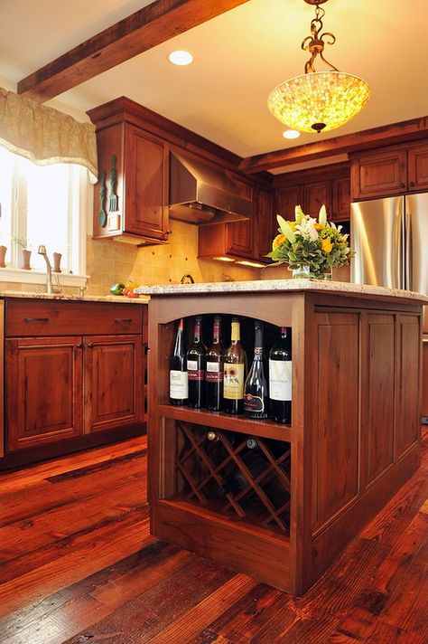 Craftsman Kitchen with Kitchen island, European Cabinets, flush light, Built in wine rack, Stone Tile, L-shaped, Exposed beam Carpeted Kitchen, Cabinet Stains, Diy Cabinets Build, Wine Rack Inspiration, Craftsman Kitchens, Light Countertops, Cabinet Build, Wine Rack Design, Kitchen Island Cabinets