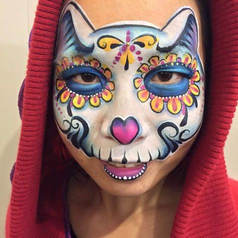 Kitty cat sugar skull Cat Sugar Skull, Skeleton Face Paint, Sugar Skull Face Paint, Kitty Face Paint, Cat Halloween Makeup, Skull Face Paint, Sugar Skull Face, Sugar Skull Cat, Cat Skeleton