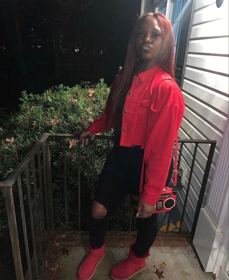 Red Ugg Boots Outfit, Red Uggs Outfit, Bubble Jacket Outfit, Red Ugg Boots, Aquarius Szn, Red Uggs, Burberry Swimsuit, Hard Fits, Birthday Clothes