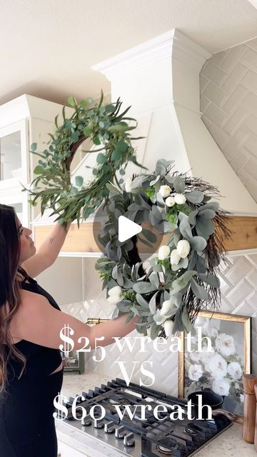 Alexis Gonzalez on Instagram: "$25 wreath VS $60 wreath! Comment SHOP for links sent directly to your dm! 

The $25 spring wreath is amazing! I can’t believe how full and beautiful it is! There is even white tulips in it! 
I do love my other spring wreath from last year but when comparing the wreaths and prices the $25 spring wreath is just as nice if not nicer and fuller than the $60 wreath! 
I was excited to get the first spring wreath I have bought this year on my venthood!! 

FOLLOW, LIKE, & SAVE this post for more affordable home decor!

#boujieonabudget #walmarthome #walmartfinds #springdecor #springwreath #kitchenviews #neutralhome #organichome #ａｅｓｔｈｅｔｉｃ #hyggehome 
White kitchens, timeless kitchens, diy venthood, diy kitchen, affordable home finds, how to decorate your kitchen, or Wreaths For Vent Hood, Wreath On Kitchen Hood, Wreath On Hood Vent, Kitchen Wreath Ideas, Timeless Kitchens, Kitchen Wreath, Walmart Home, White Kitchens, Home Finds