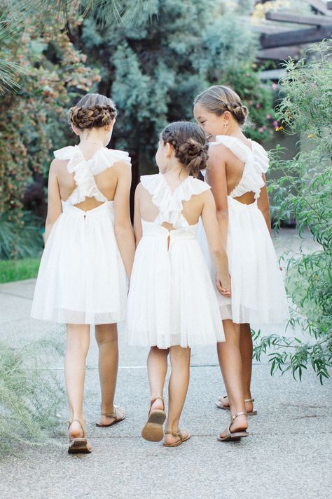 Cute simple white chiffon and speckled lace Criss Cross Flower Girl Dress. Flower girl style inspiration Flower Girl Dresses Older Kids, White Flower Girl Dresses Simple, Older Flower Girl, Modern Flower Girl Dresses, Simple Flower Girl Dresses, Woodland Photography, Girls Beach Dress, White Flower Girl Dress, Ring Bearer Flower Girl