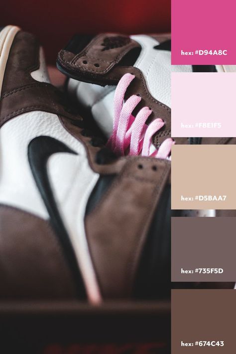 Brown and pink color palette from an image of Nike shoes Pink Black Brown Color Palette, Pink And Brown Branding, Brown Pink Color Palette, Brown And Pink Color Palette, Brown Pink Aesthetic, Brown Branding, Cv Original, Soft Summer Palette, Pink Color Palette