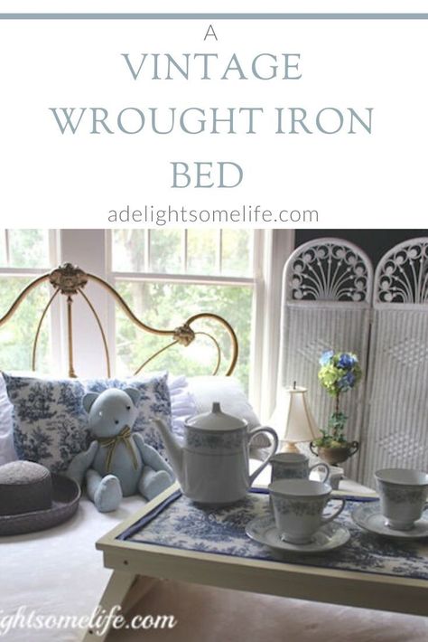 We happened upon an estate sale to find this wonderful bed. This beautiful wrought iron bed is perfect for our guest bedroom #adelightsomelife #guestbedroom #wroughtironbed #vintagefurniture #blueroom Small French Bedroom, White Iron Beds, French Country Decorating Ideas, Cast Iron Bed, Garden Concrete, Wall Gardens, Wrought Iron Wine Rack, Country Decorating Ideas, Cast Iron Beds