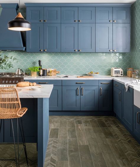 Fresh Sage  in the kitchen with stunning blue kitchen cabinets. Credit:  Topps Tiles #melaniejadedesign #kitchen #kitchenideas Sage Tile, Sage Green Kitchen, Grey Kitchen Designs, Art Deco Tiles, Topps Tiles, Fresh Sage, Blue Kitchen Cabinets, Dining Room Spaces, Black Kitchen Cabinets