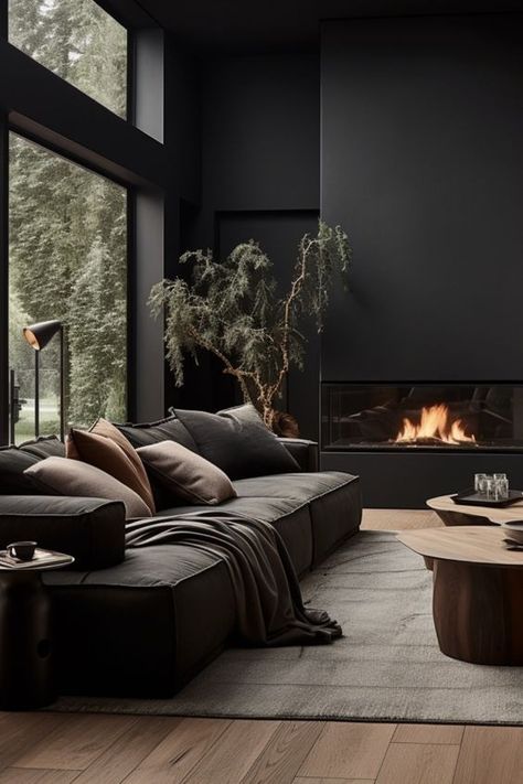 Dark Living Rooms Apartment, Black Monochromatic Living Room, Modern Dark Living Room Ideas, Modern Black Interior Design Living Room, Dark Room Aesthetic Living Room, Rustic Dark Living Room, Dark And Wood Interior, Dark Living Room Aesthetic Modern, Dark Natural Interior Design