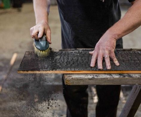 DIY: What’s the Best Way to Brush Your Own Shou Sugi Ban? - Nakamoto Forestry Charred Wood Table, Yakisugi Interior, Shou Sugi Ban Art, Shou Sugi Ban Diy, Shou Sugi Ban Furniture, Bending Plywood, Shou Sugi Ban House, Charred Wood Siding, Burnt Wood Finish