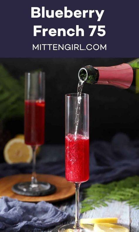 Summer blueberries, bright lemon, and bubbly prosecco combine with your favorite gin to create a refreshing and effervescent Blueberry French 75 cocktail. Blueberry Drinks, Gin Drink Recipes, Homemade Blueberry Syrup, Blueberry Simple Syrup, Blueberry Cocktail, Blueberry Gin, Ginger Beer Cocktail, Gin And Prosecco, French 75 Cocktail