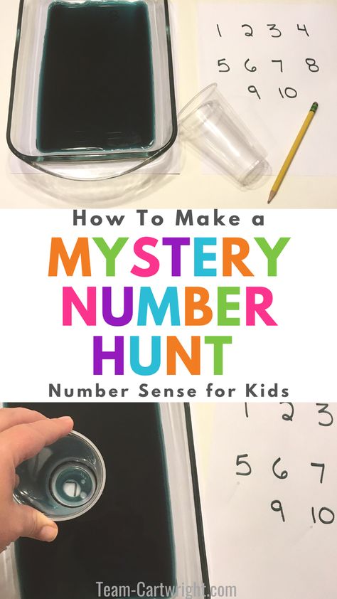 Text: How To Make a Mystery Number Hunt Number Sense for Kids. Top picture: Sensory bin full of black water, clear plastic cup, number list, and pencil. Bottom picture: Clear cup being pressed into the water to find the numbers under the bin next to number list to cross off when numbers found. Preschool Counting Games, Preschool Number Recognition, Preschool Number Activities, Water Sensory Bin, The Number Game, Number Games Preschool, Number Activities Preschool, Game For Preschool, Numbers Activity