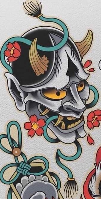 Feminine Hannya Mask Tattoo, Neo Trad Hanya Mask, Hannya Mask Chest Tattoo, Japanese Swirl Tattoo, Traditional Japanese Hannya Mask Tattoo, Hanya Mask Traditional, Japanese Feminine Tattoo, Oni Japanese Tattoo, Hanya Mask Tattoo Traditional